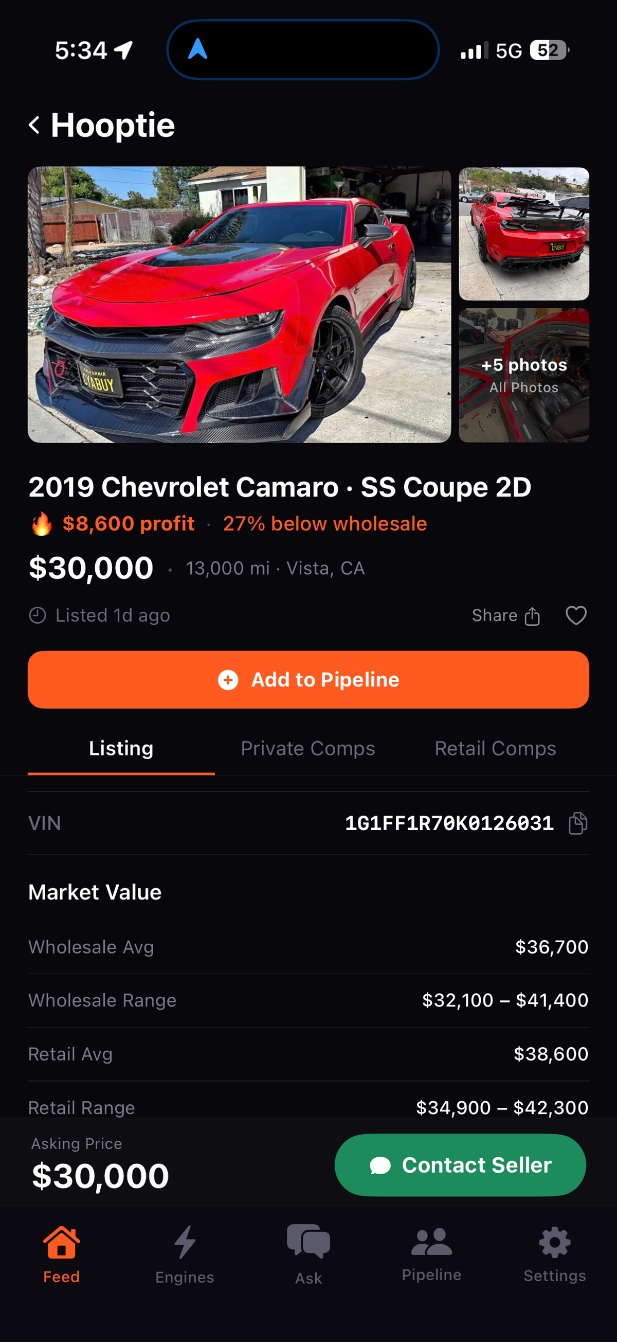 Hooptie deal detail on iPhone — VIN decoded, wholesale and retail values, 27% below wholesale