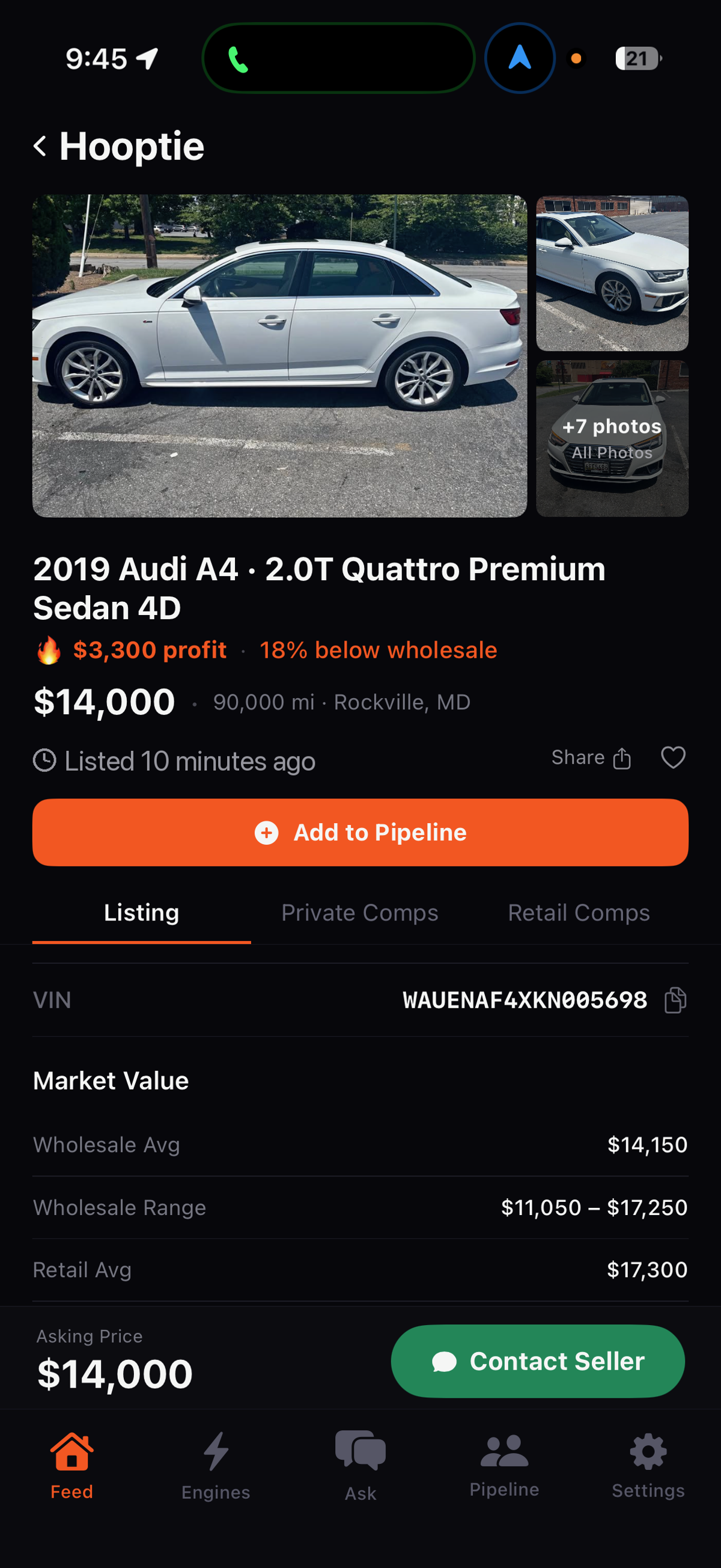 Hooptie deal detail — profit, wholesale (MMR) and retail comps on a private-party listing