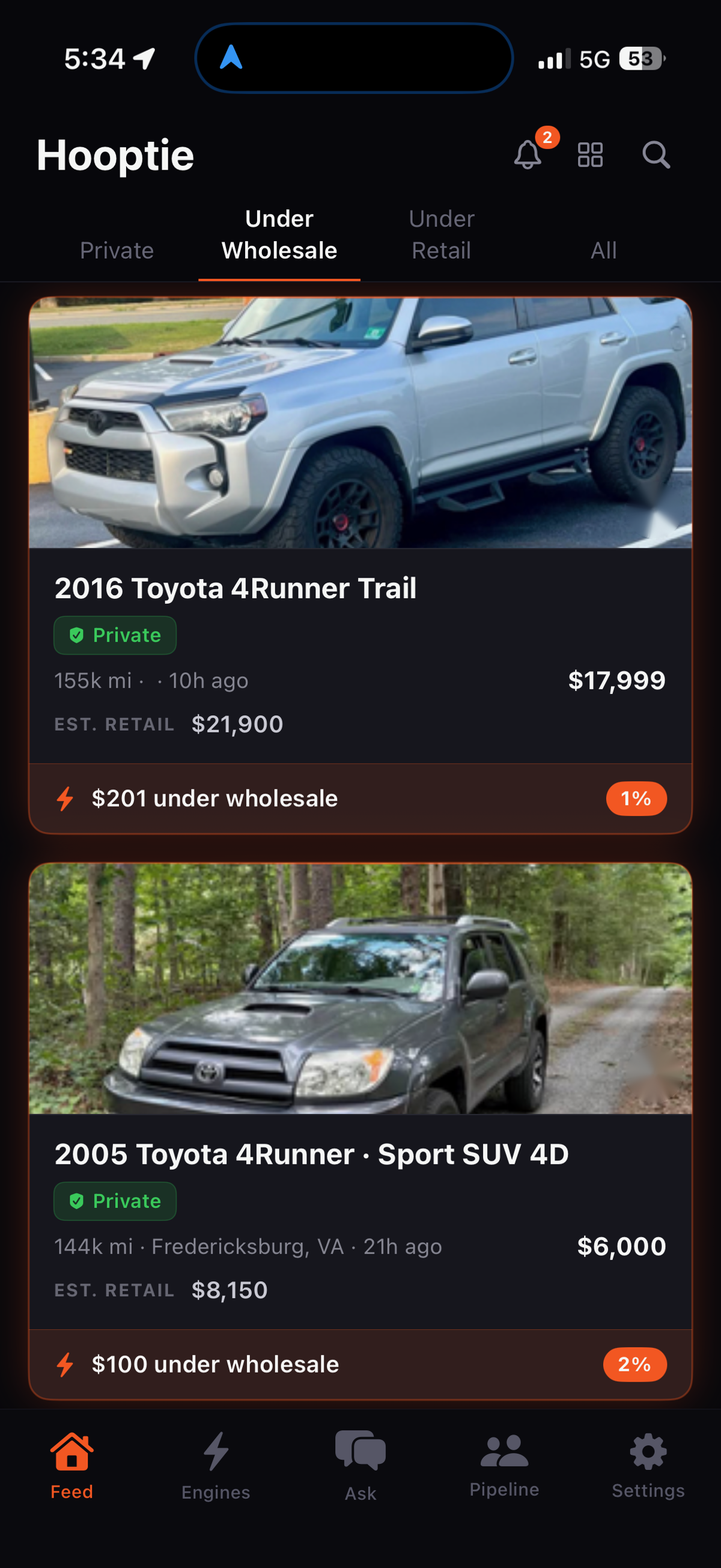 Hooptie feed on iPhone — clean, accident-free private-party cars ranked by spread under wholesale